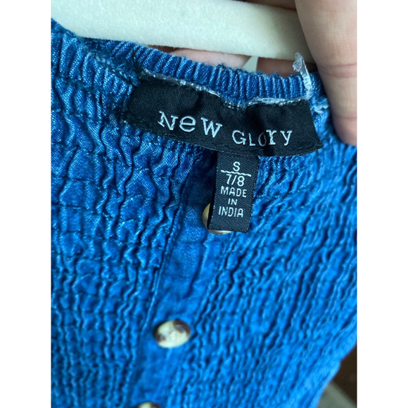 New Glory Mini Dress Smocked Denim Summer Wedding Preppy Boho Cottagecore Party - Picture 5 of 6